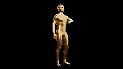 Beautiful young metallic gold man posing, isolated on black background. 3d illustration (rendering). Golden mannequin, android.