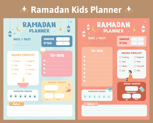 A set of ramadan kids planner with a menu. Ramadan planner template for children, vector design. Ready for print.