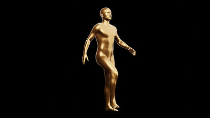 Beautiful young metallic gold man posing, isolated on black background. 3d illustration (rendering). Golden mannequin, android.