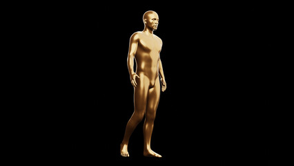 Beautiful young metallic gold man posing, isolated on black background. 3d illustration (rendering). Golden mannequin, android.