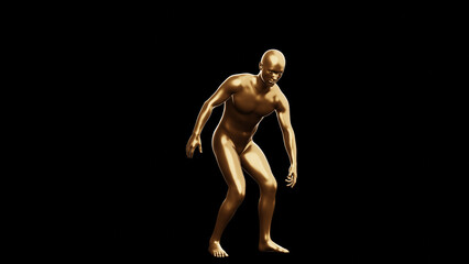 Beautiful young metallic gold man posing, isolated on black background. 3d illustration (rendering). Golden mannequin, android.