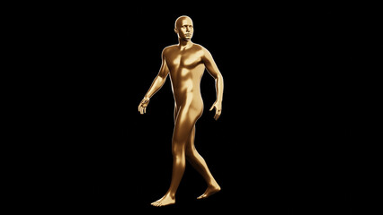 Beautiful young metallic gold man posing, isolated on black background. 3d illustration (rendering). Golden mannequin, android.