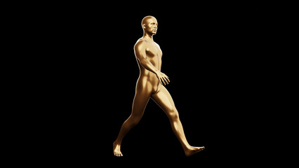 Beautiful young metallic gold man posing, isolated on black background. 3d illustration (rendering). Golden mannequin, android.