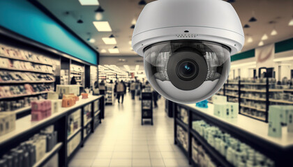 CCTV security camera on the ceiling of a grocery store. digital ai art