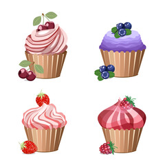 A set of delicious cream cakes decorated with berries:raspberries,strawberries,blueberries,cherries isolated on a white background.Vector collection for menu designs of restaurants, pastry shops,