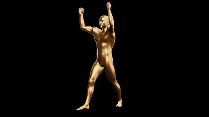 Beautiful young metallic gold man posing, isolated on black background. 3d illustration (rendering). Golden mannequin, android.