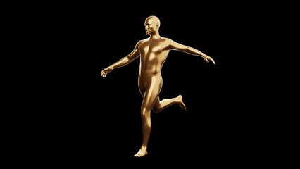 Beautiful young metallic gold man posing, isolated on black background. 3d illustration (rendering). Golden mannequin, android.