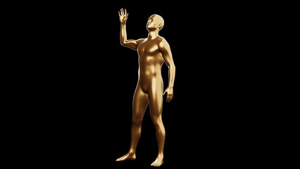 Beautiful young metallic gold man posing, isolated on black background. 3d illustration (rendering). Golden mannequin, android.