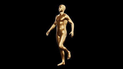 Beautiful young metallic gold man posing, isolated on black background. 3d illustration (rendering). Golden mannequin, android.