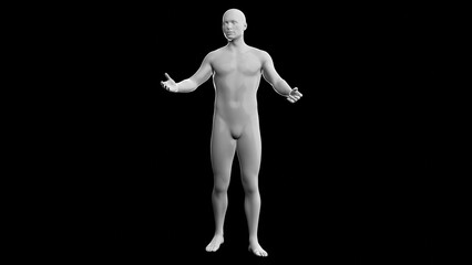 Beautiful young man posing, isolated on black background. 3d illustration (rendering). Plastic shiny mannequin, android, robot.