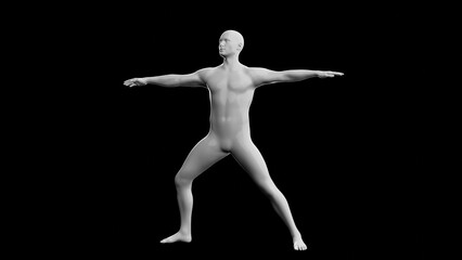 Beautiful young man posing, isolated on black background. 3d illustration (rendering). Plastic shiny mannequin, android, robot.