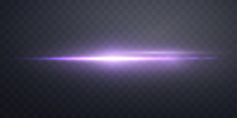 Purple horizontal lens flare. Sun flash with rays or gold spotlight and bokeh. Purple glow flare light effect. Vector illustration