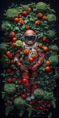 Top view of Astronaut rest in the forest with tomato moss. generative ai