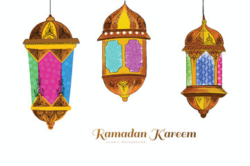 .Ramadan kareem three colorful traditional islamic lamps card background