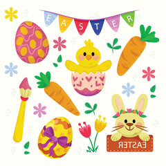 set of easter eggs and bunny and Easter seamless pattern with rabbits and bunny free vector