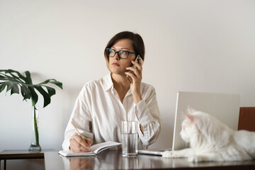 Serious middle-aged business woman wearing eyeglasses, white linen shirt with long straight hair...