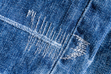Details of blue jeans with decorative seams close up