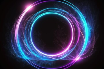 circles, energy source, luminous rings, empty space, frame, ultraviolet spectrum, laser display, smoke, fog, ground, round gateway, pink and blue neon lights, virtual reality. Generative AI