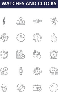 Watches and clocks line vector icons and signs. Clocks, Timepieces, Chronometers, Timekeeping, Timers, Analogs, Digital, Quartz outline vector illustration set