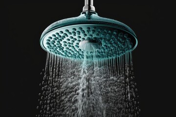 Naklejka na ściany i meble A picture of a shower head with streams and drips of water is a great illustration for home water usage. Generative AI