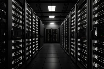 Black servers in a server room. Generative AI