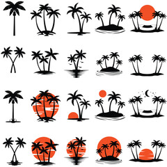 Palm trees and sunset illustration. Set of black trees. Black palm trees set. Palm silhouettes. 