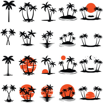 Palm trees and sunset illustration. Set of black trees. Black palm trees set. Palm silhouettes. 