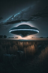 Fototapeta na wymiar Flying saucer over the field at night, vertical illustration. AI generative.