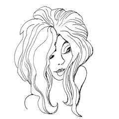 A girl with a voluminous hairstyle, a mysterious face. Ink drawing.