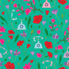 Vector illustration. Colorful garden with retro style telephones on sea green background seamless repeat pattern.