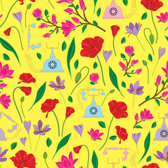 Raster illustration. Colorful garden with retro style telephones on yellow background seamless repeat pattern.