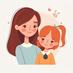 Mother and Daughter Cartoon Illustration AI Generative