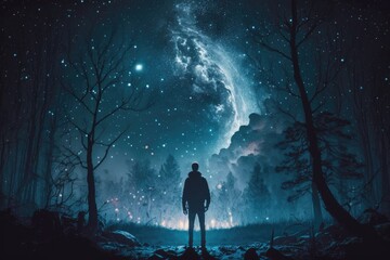 Man observing night sky in nature. Generative AI
