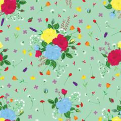 Raster illustration. Colorful rose bunches with wild flowers on light greenish blue background seamless repeat pattern.