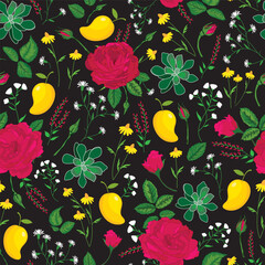 Vector illustration. Roses and mangoes with wild flowers on black background seamless repeat pattern.