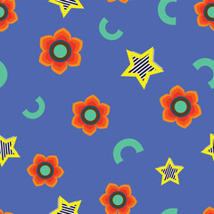 Vector illustration. Psychedelic flowers and stars on blue background seamless repeat pattern.