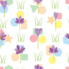 Vector illustration. Purple Saffron flowers with geometric shapes on white background seamless repeat pattern.