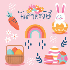 easter card with bunny and eggs and Easter seamless pattern with rabbits and bunny free vector