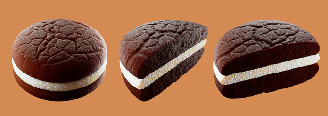 Sandwich cookies with filled milk cream, 3d illustration, for biscuit package design. Isolated background.