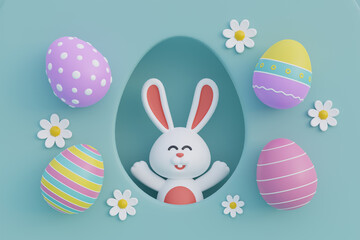 Happy Easter day. Colorful easter eggs with flower and cute bunny. International Spring Celebration. 3d rendering.