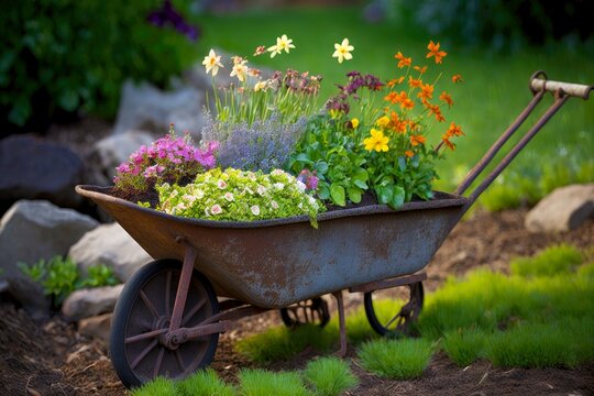 garden equipment old iron wheelbarrow with earth and flowers, created with generative ai