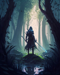 A man with a sword standing in the middle of a forest, illustration generative ai
