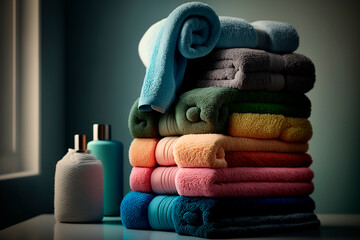 Obraz na płótnie Canvas generative ai illustration of Stack of colorful cozy towels in bathroom