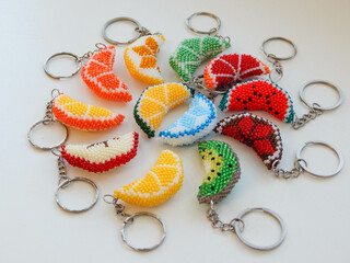 Bead colorful key chains on a white