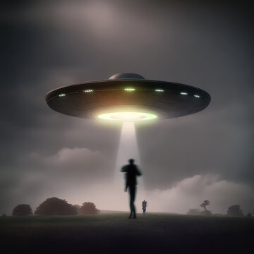 A flying saucer abducts a man. AI generative.