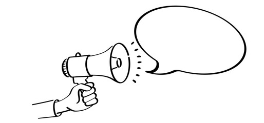Cartoon megaphone, microphone to speak message symbol or logo. loudspeaker, microfoon line pictogram. Horn, announcing for atention talk. Megaphone amplifier. Drawing talking news or for protest. 