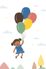 African american girl flies on inflatable balloons through the sky. Invitation card, greeting poster, template. Happy child travels. Adventure, upward movement, development.