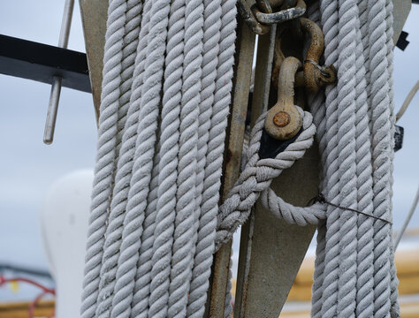 Rope And Tackle Hanging On The Masts Of An Old Sailing Vessel On The Chesapeake Bay In Maryland