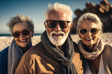 A group of elderly men and women, senior tourists, laughing and enjoying the beach, playful fun generative ai