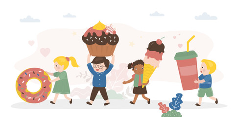 Group of hungry children carrying various sweet food. Multi Ethnic kids characters holds different delicious. Sweet food - ice cream, donut, cupcake, soda. Unhealthy nutrition.
